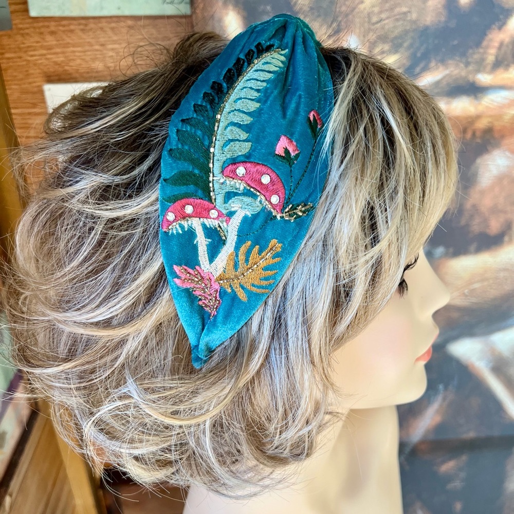 Embroidered Toadstool Velvet Headband - Picture 2 of 9
